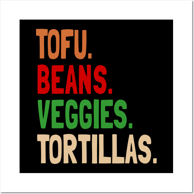 Tofu. Beans. Veggies. Tortillas. Vegan burrito ingredients Wall Art by Rocky Ro Designs